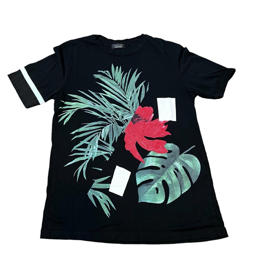 ZARA MAN Black Floral/Tropical Print Graphic T-shirt Cotton Blend SZ:M